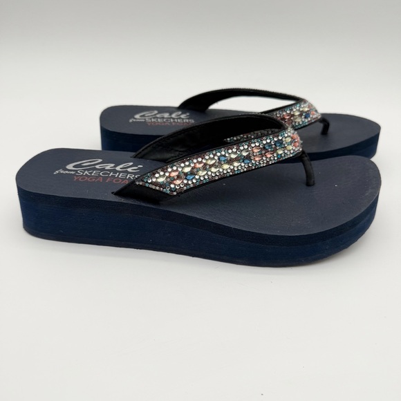 Skechers Cali Yoga Vinyasa Wild Daises Wedge Thong Sandals Rhinestone Navy Sz 9 - Picture 5 of 7